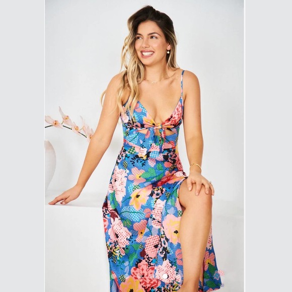 Esther & Co rainbow multicolor patchwork floral midi dress Karago Size US 4 XS - Picture 4 of 11